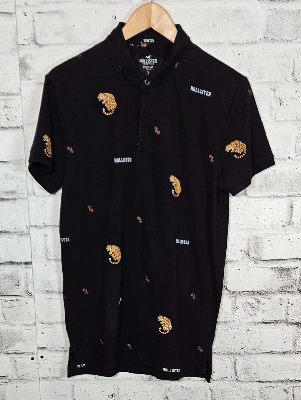Hollister Epic Flex Tiger Print Polo Shirt Men's Small Black Stretch